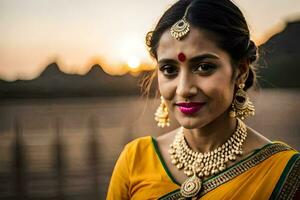 a woman in a yellow sari with gold jewelry. AI-Generated photo