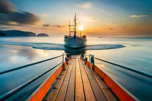 a boat is docked at the end of a dock at sunset. AI-Generated photo