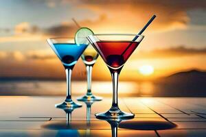 three martini glasses with colorful drinks on a table. AI-Generated photo