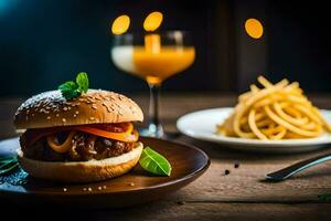 a hamburger and fries on a wooden table. AI-Generated photo