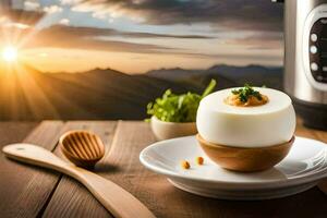 a bowl of egg on a plate with a wooden spoon. AI-Generated photo