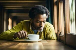 a man is sitting at a table with a cup of coffee. AI-Generated photo