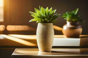 a vase with a succulent plant sitting on a table. AI-Generated photo