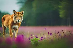 a deer is walking through a field of flowers. AI-Generated photo