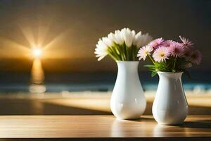 dos floreros con flores en un mesa en frente de el océano. generado por ai foto