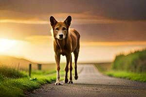 un perro caminando en un la carretera a puesta de sol. generado por ai foto