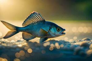 a fish is standing on the beach with a sun shining. AI-Generated photo