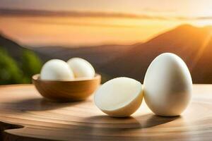 three eggs on a wooden table with the sun setting behind them. AI-Generated photo