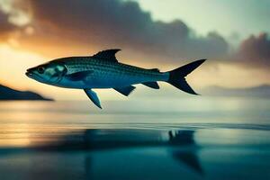 a fish is flying over the water at sunset. AI-Generated photo