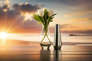 flowers in a vase on a table with a sunset. AI-Generated photo