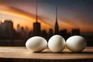 three eggs on a table with a city in the background. AI-Generated photo