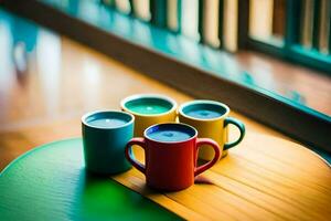 Tres vistoso café tazas en un de madera mesa. generado por ai foto