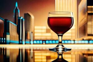 a glass of red wine on a table in front of a city skyline. AI-Generated photo