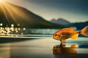 photo wallpaper the sky, fish, water, mountains, sunset, the sun, the light,. AI-Generated