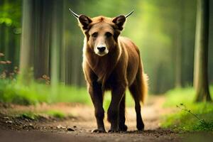 a brown cow walking down a dirt road. AI-Generated photo