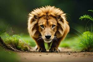 un león caminando en un suciedad la carretera en el bosque. generado por ai foto