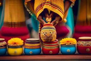 a woman is holding a pot with colorful pots. AI-Generated photo