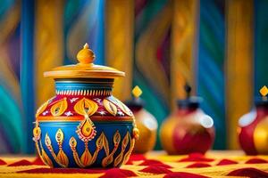 colorful vases on a colorful table with candles. AI-Generated photo