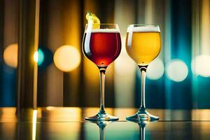 two glasses of wine with colorful lights in the background. AI-Generated photo
