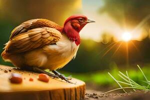 a chicken is sitting on a stump in the sun. AI-Generated photo