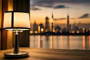 a lamp on a table in front of a window with a city in the background. AI-Generated photo