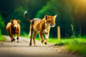 dos marrón y blanco animales caminando abajo un la carretera. generado por ai foto