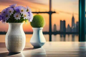 two vases with purple flowers sit on a table in front of a cityscape. AI-Generated photo