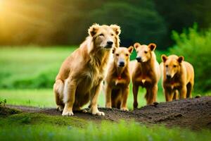 un grupo de perros en pie en el césped. generado por ai foto