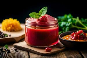a jar of raspberry sauce with a spoon and a bowl of vegetables. AI-Generated photo