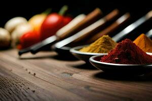 spices in bowls on a wooden table. AI-Generated photo