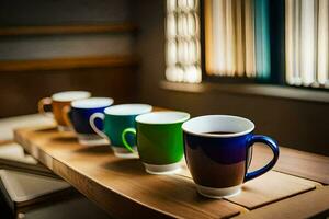 un fila de vistoso café tazas en un de madera mesa. generado por ai foto