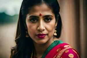 a woman in a sari with red lipstick and gold earrings. AI-Generated photo