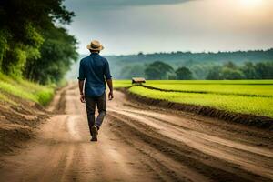 a man walking down a dirt road in the middle of a field. AI-Generated photo