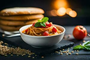 spaghetti with tomatoes and basil in a bowl. AI-Generated photo