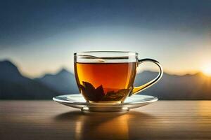 a cup of tea on a table in front of mountains. AI-Generated photo