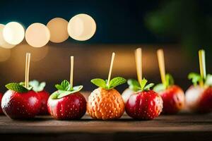 a row of apples with toothpicks on them. AI-Generated photo
