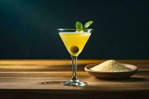 a cocktail with olives and a bowl of rice. AI-Generated photo