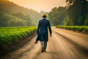 a man in a suit and hat walking down a dirt road. AI-Generated photo