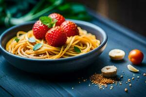 spaghetti with strawberries and bananas on a dark wooden table. AI-Generated photo