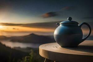 a teapot sits on a table overlooking the ocean. AI-Generated photo