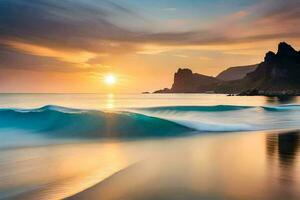sunset over the ocean with waves crashing into the shore. AI-Generated photo