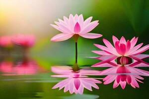 two pink lotus flowers are reflected in the water. AI-Generated photo