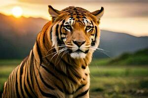 a tiger is standing in the grass at sunset. AI-Generated photo