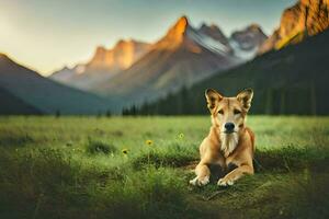 un perro sentado en el césped con montañas en el antecedentes. generado por ai foto