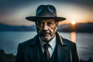 a man in a hat and suit with the sun setting behind him. AI-Generated photo