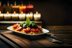 un plato de comida con vegetales y un vela. generado por ai foto