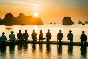 personas sentado en un muelle a puesta de sol en Vietnam. generado por ai foto