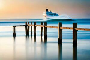 un crucero Embarcacion es navegación en el Oceano a puesta de sol. generado por ai foto