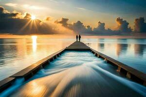 the couple is standing on the jetty at sunset. AI-Generated photo