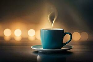 a cup of coffee on a table with a blurred background. AI-Generated photo